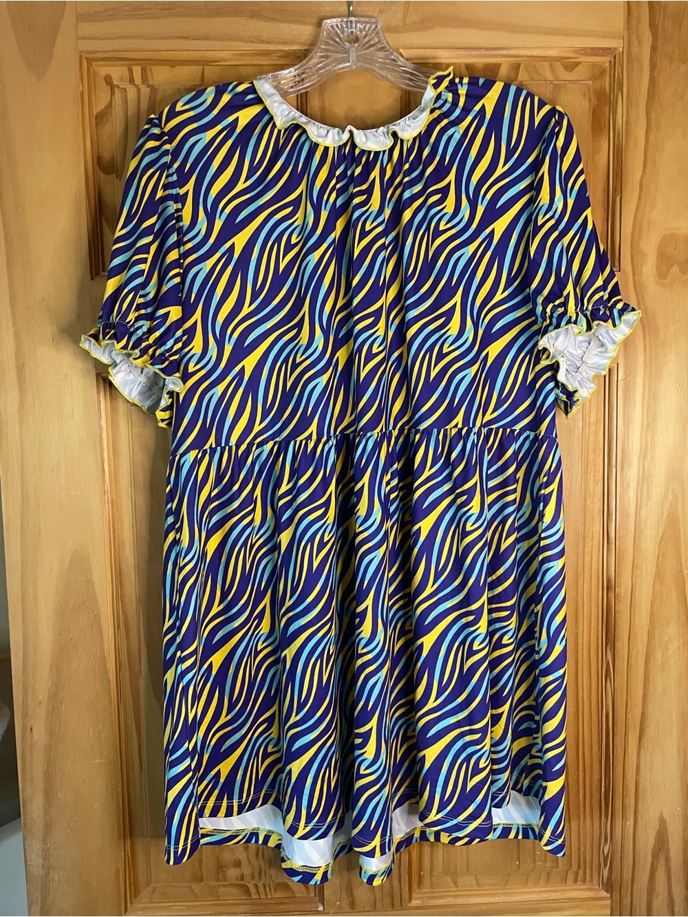 Wave-Print Ruffle-Trim Midi Dress in Blue, Yellow & Teal